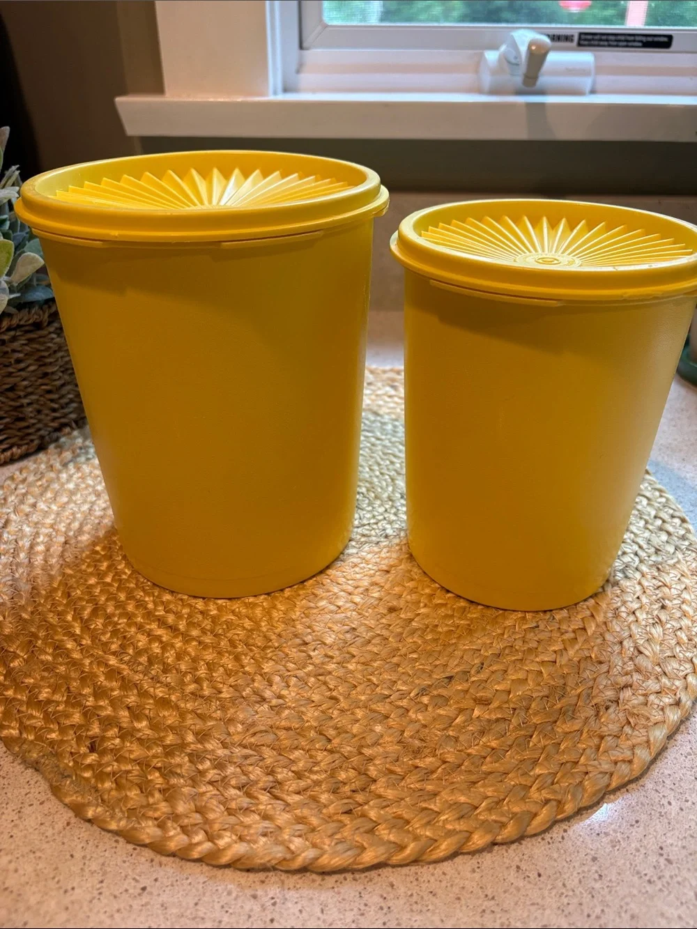 (2) Vintage Tupperware Yellow Servalier Canisters (809 and 811)